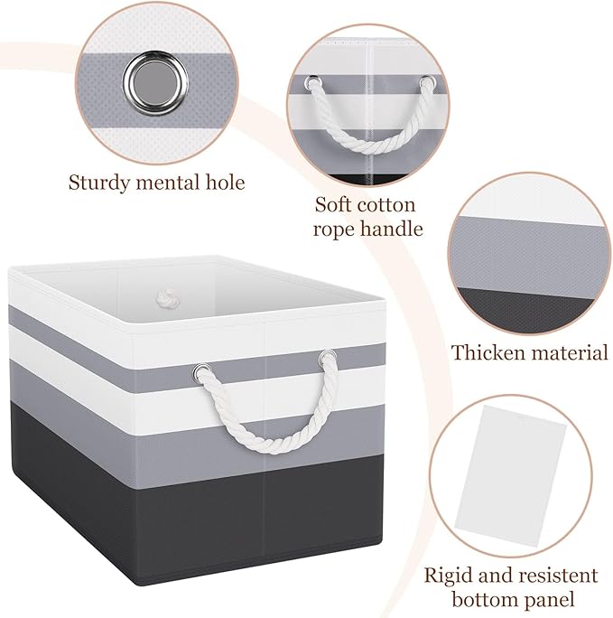 Fab totes Storage Bins 3-Pack, Foldable Storage Baskets for Organizing Toys, Books, Shelves, Closet, Large Storage Box with Rope Handles, Sturdy Organizer Bins,Gradient Grey
