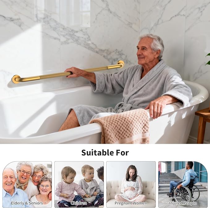40 Inch Anti Slip Shower Grab Bar, Munzong Long Bathroom Grab Bar for Showers, Gold Knurled Handicap Balance Bar,Safety Hand Rail Support Elderly Senior Assist Bath Handle
