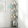 SWTYMIKI Standing Shower Caddy Corner - 4‑Tier Stainless Steel Shower Organizer Shelf with 12 Hooks and Adhesive Pads, Rustproof Corner Shelves Stand Rack for Bathroom Shower Room, Silver