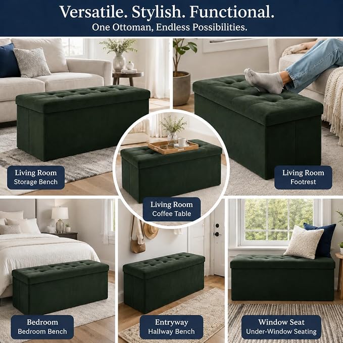 ALASDO 43 Inch Folding Storage Ottoman Bench with Hidden Storage, Velvet Storage Ottoman Foot Rest Stool, End of Bed Bench for Bedroom, Living Room, Entryway and Closet, Dark Green