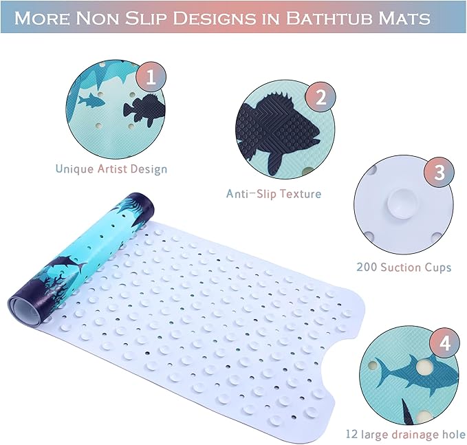 Blue Bathtub Mat Non Slip 40x16in Extra Long Bath Mat for Tub Funny Cute Ocean Animals Anti Slip Shower Mat for Bathroom with Large Drain Holes and Suction Cups Quality Bath Mats and Bathtub Decor