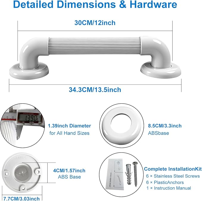 Shower Grab Bar for Wall: 12” ABS Safety Bars for Seniors, Wall Mount Bath tub Handles with Screws & Anchors, Bathroom Support Rails for Pregnant Women & Handicap Users, Toilet & Bathtub Assistance