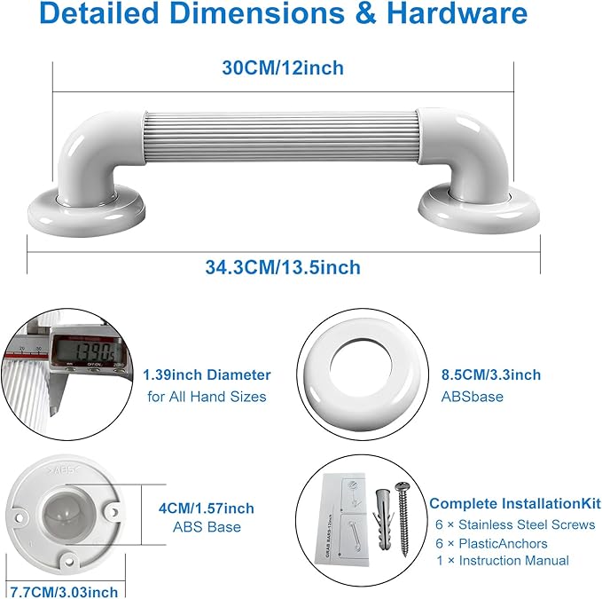 Shower Grab Bar 2 Pack 12” ABS Safety Bars for Seniors, Wall Mount Bath tub Handles with Screws & Anchors, Bathroom Support Rails for Pregnant Women & Handicap Users, Toilet & Bathtub Assistance