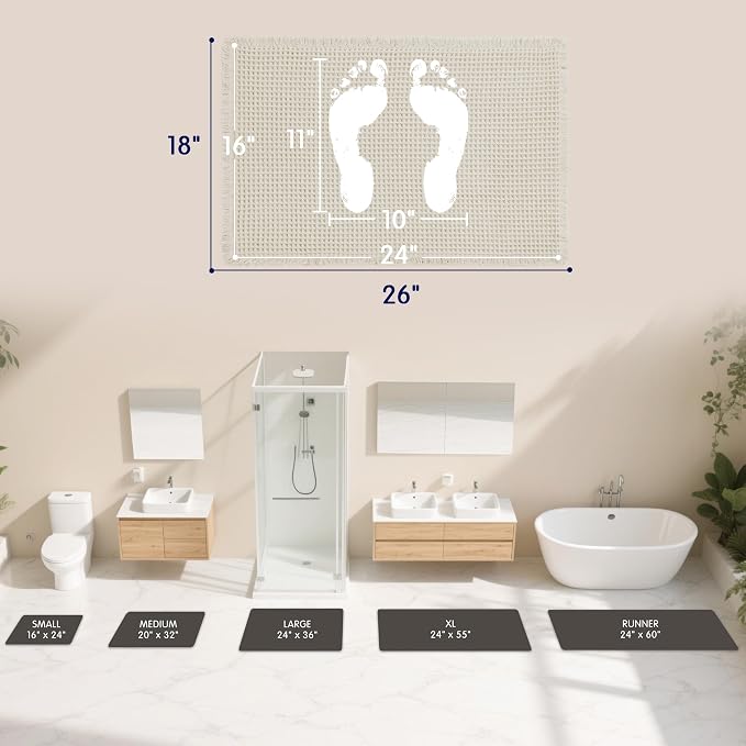 SUBRTEX Waffle Braided Bath Mat, 16" x 24" Soft Waffle Bath Rugs, Absorbent Non Slip Bathrooom Mats, Machine Washable Area Rug for Bathroom, Quick Dry, Off White