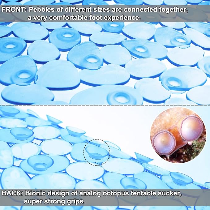 TEESHLY Bath Tub and Shower Mats, Non-Slip Pebble Bath Mat, 35 x 16 Inches Machine Washable Bathtub Mat with Drain Holes, Suction Cups for Bathroom (Clear Blue)