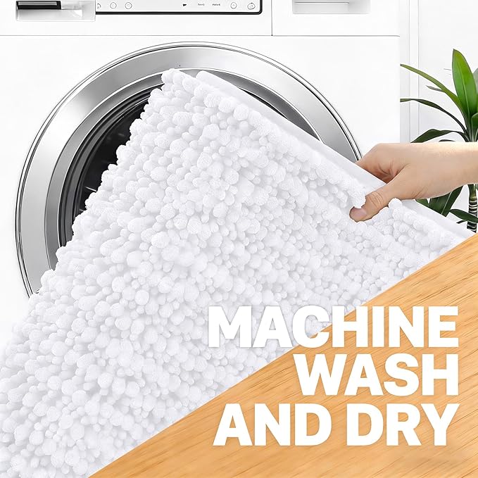 OLANLY Bathroom Rug Mat 44x32, Thick Soft and Absorbent Chenille Bath Mat, Non-Slip Rubber Backing, Machine Washable Quick Dry Bath Rugs for Tub Shower Floor, Home Decor Accessories, White