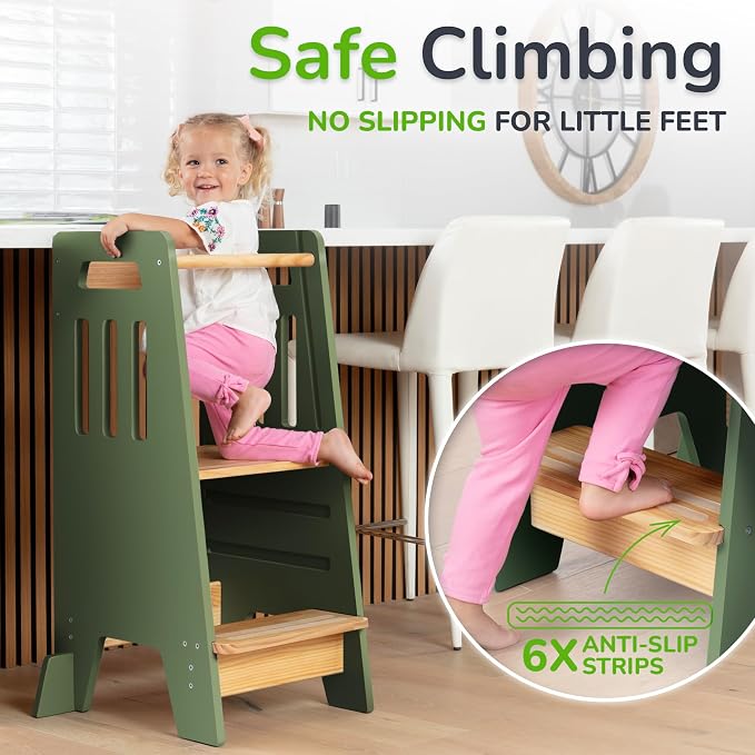 OCODILE Toddler Tower with a Sliding Door and 3 Adjustable Heights - Safe Toddler Kitchen Step Helper with Support Feet - Updated Design for 18+ Months to 6-Year-Old Kids - Green