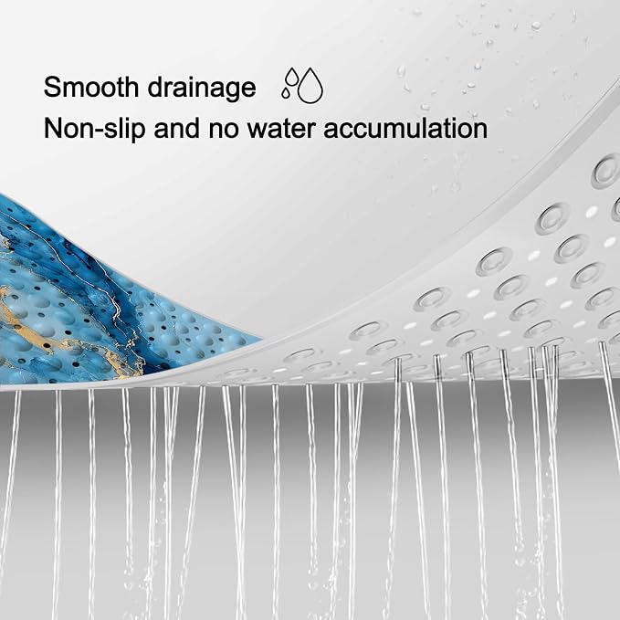 LNOND Marble Bath Tub Mat Non Slip, Extra Long 40 X 16 Inch Anti Slip Mat for Bathtub, Blue Gold Marble Shower Mat with Drain Holes and Suction Cups, Machine Washable