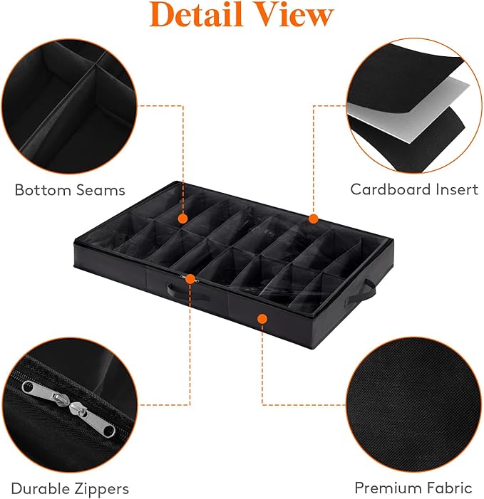 Lifewit Under Bed Shoe Storage Organizer 2 Pack(16 Shoes Cells), 4.3 Inches Profile Fabric Shoes Container Box with Clear Cover, Foldable Storage Bag with 2 Handles, Fits 16 to 32 Pairs