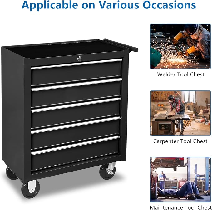 TUFFIOM 5-Drawer Rolling Tool Chest w/Drawers & Lock, Tool Storage Cabinet with Lockable Wheels, Top Cushion & Drawer Liners, Tool Organizer Box for Garage, Warehouse & Repair Sho