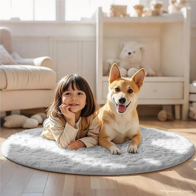 Ophanie Round Rug 4Ft White Circle Area Rug, Aesthetic Room Decor, Fluffy Fuzzy Bedroom Carpet, Plush Soft Shaggy Living Room Rugs for Kids Home, Nursery