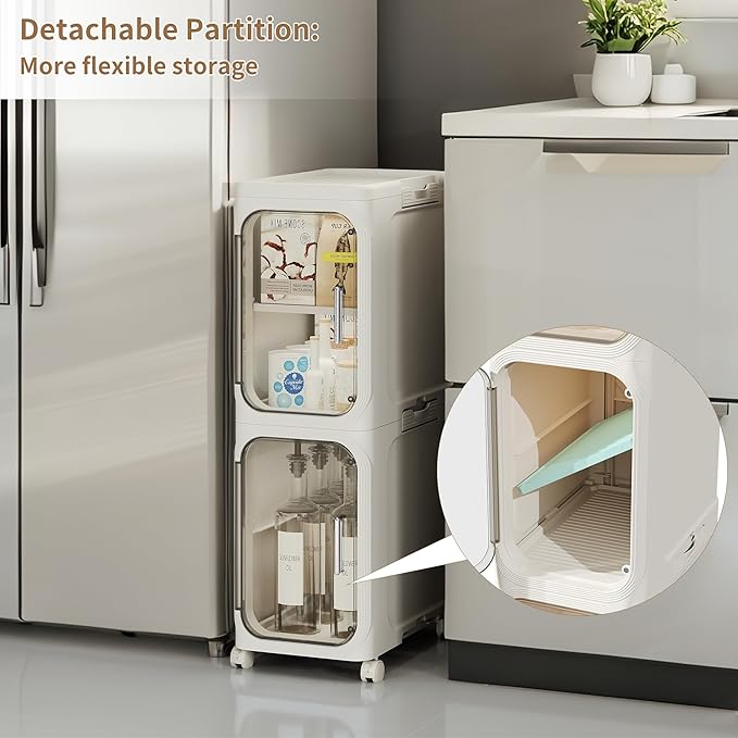 LXLXXL 4-Tier Narrow Storage Cabinet Slim Bathroom Storage Cabinet with Movable Wheels Tall Bathroom Organizer Skinny Cabinet for Small Spaces，Beige