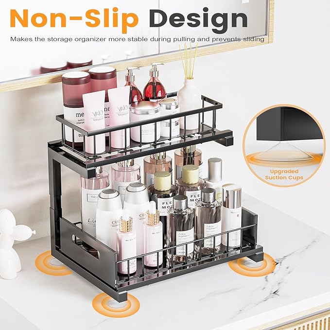 Under Sink Organizer, Heavy Duty Metal Pull Out Cabinet Organizer Slide Out Sink Shelf Organizer Height Adjustable, Multi-Purpose Storage Shelf for Kitchen Bathroom(Black,2Pack)