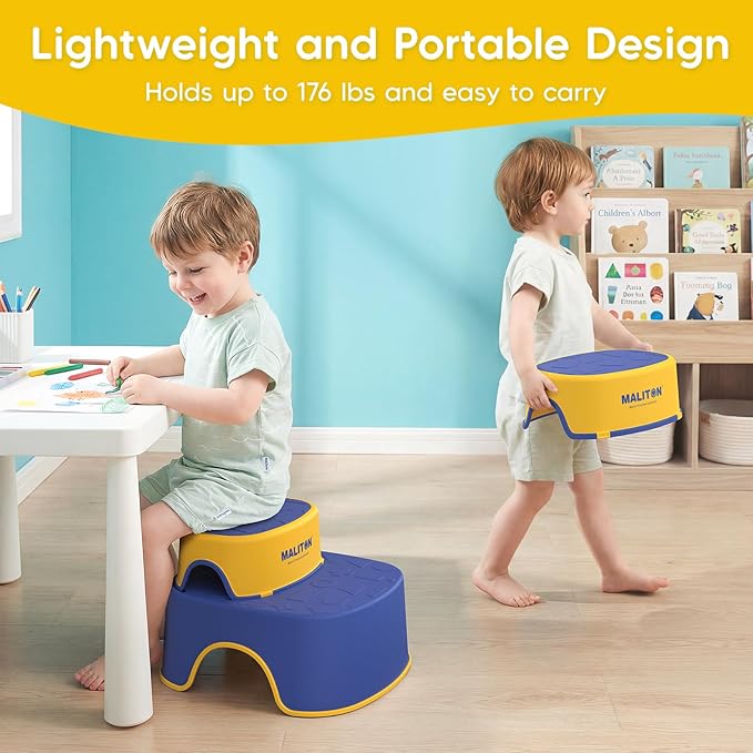 Maliton Potty Training Toilet Seat with Step Stool Ladder for Kids, Toddler Toilet Seat with Anti-Slip Stool for Boys Girls, Toddler Step Stool Set (Blue&Yellow)