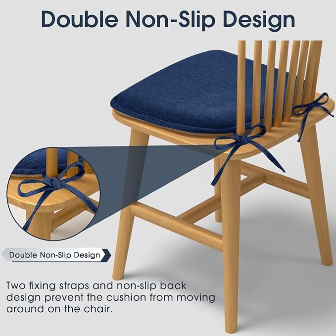 TushGuard Chair Cushions, 4 Pack Memory Foam Chair Pads, Seat Cushion, Kitchen Chair Cushions Set of 4, Anti-Slip Backing & Fixed Straps, Navy Blue