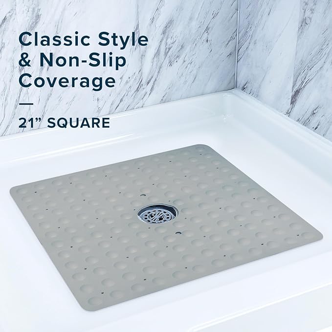 SlipX Solutions Square Natural Rubber Shower Stall Mat, 21” x 21”, Non Slip Safety, Built-in Product Protection, 140 Power Grip Suction Cups, Center Drain Hole, Tan