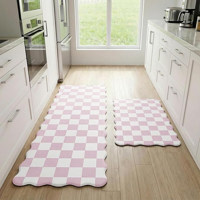 Scalloped Pink Checkered Grid Checkerboard Kitchen Rug Sets [2 PCs], Anti-Fatigue, Waterproof Non-Slip Kitchen Mats Heavy Duty Ergonomic Comfort Foam Rug for Floor, Laundry,17"x29"+17"x47"