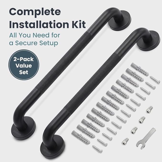 PELEGON Grab Bars for Shower 2-Pack 16 Inch - Stainless Steel Shower Grab Bars for Seniors - Bathroom Safety Handle Non-Slip Grip Rust Resistant Wall Mounted Support Bar for Bathtub Shower - Black