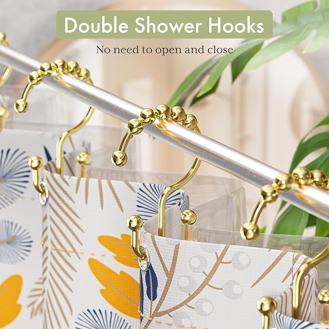 Amazer Gold Shower Curtain Hooks Rings, Stainless Steel Shower Curtain Rings, 12Pcs Double Glide Shower Hooks for Bathroom Shower Curtain Rods Dual Rust-Resistant Shower Rings