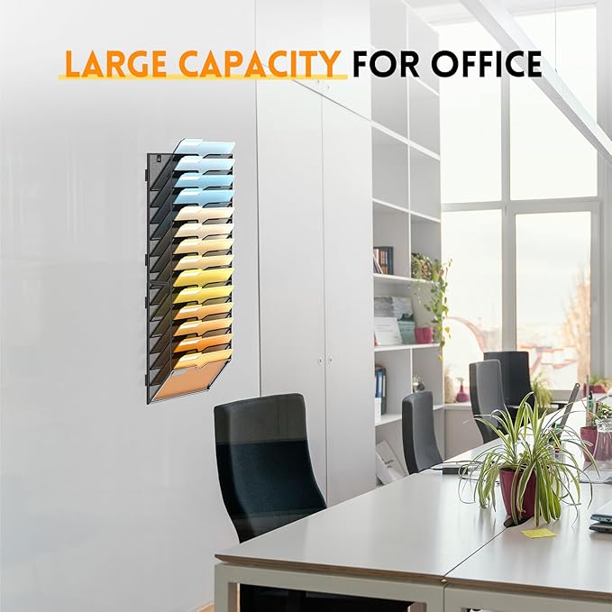 SUPEASY 14 Tier Wall File Organizer, Hanging Wall Mounted Mail Organizer with Label Slots, Metal Mesh File Holder Magazine Rack for Office, Home, School or Classroom, Black