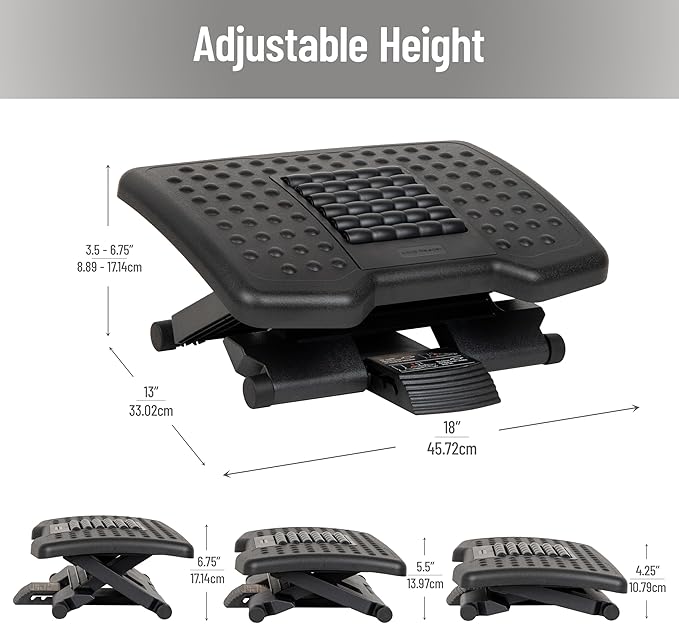 Mind Reader Adjustable Height Ergonomic Foot Rest with Massage Rollers, Black