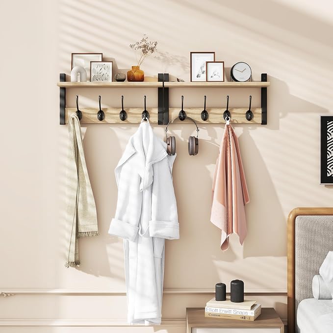 YMYNY 31.5" Coat Rack Wall Mount with Shelf, 2 in 1 Key and Coat Hanger with 8 Metal Hooks, Wall Shelf with Hooks & Mail Holder for Living Room, Bedroom, Light Natural, HWS001R-2