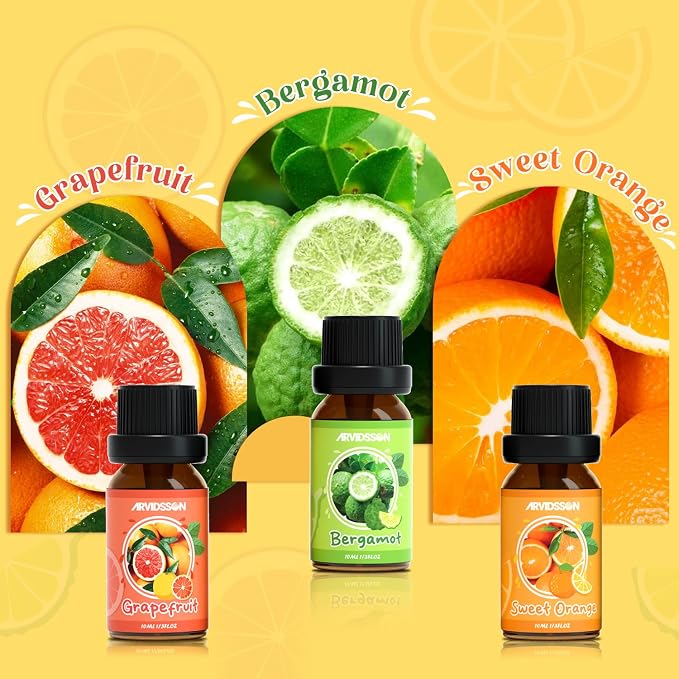 ARVIDSSON Citrus Essential Oils Set, Natural Fruit Essential Oil for Diffuser, Candle Making - Grapefruit, Bergamot, Sweet Orange, Lemon, Lime, Tangerine, Citrusy Scented Oils for Home