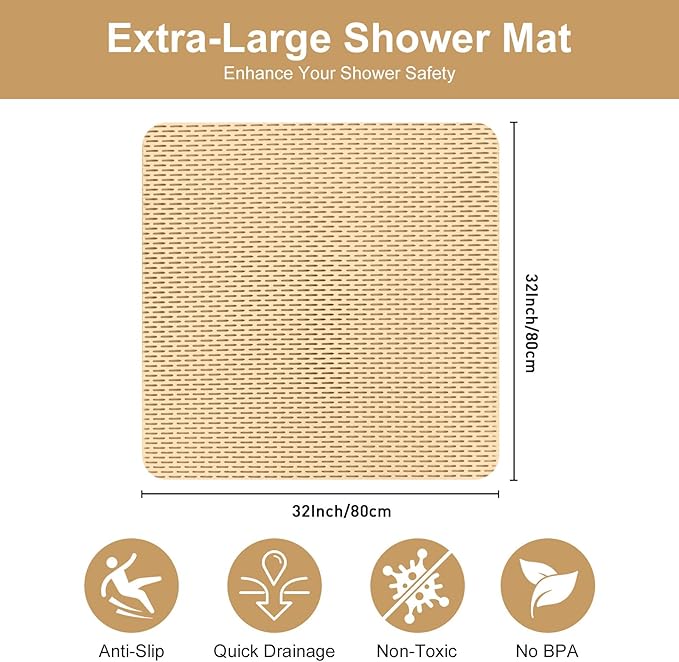 Square Shower Mat: 32"x32" Extra Large Non Slip Shower Mats for Inside Shower, Trimmable PVC Anti Slip Shower Stall Mats, Quick Dry Stand Up Shower Mat for Elderly, Kids