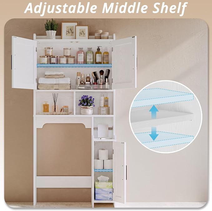 IRONCK 67" Farmhouse Over The Toilet Storage Cabinet, Bathroom Organizer with Door, Adjustable Shelves, Side Cabinet and Toilet Paper Holder, Shelf Cabinet for Bathroom, Restroom, Laundry, White