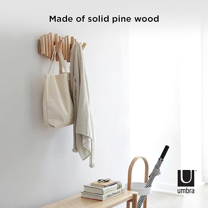 Umbra Picket Wall-Mounted Coat Rack Rail Hook with 5 Retractable Wood Pegs – Modern, Space-Saving Storage Organizer, Natural (Pack of 3)