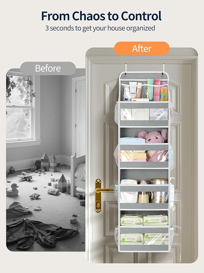 Yecaye 5 Tier 1Pc Over the Door Organizer, Stuffed Animal Storage with Clear PVC Windows, Door Organizer Hanging for Bedroom Nursery Closet Dorm Room Laundry Pantry Bathroom, Grey