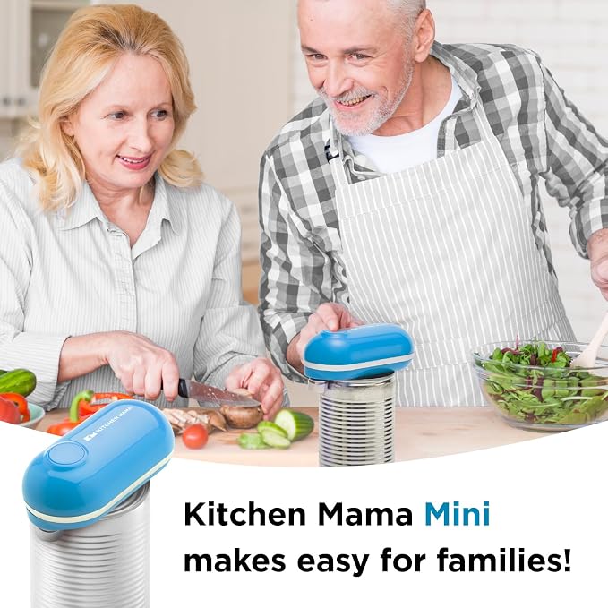 Kitchen Mama Mini Electric Can Opener Smooth Edge: Opens Can with One Press - Ultra-Compact, Portable, Hands-Free, Safe, Cordless, Seniors with Arthritis, Automatic, Battery Operated Appliance (Blue)