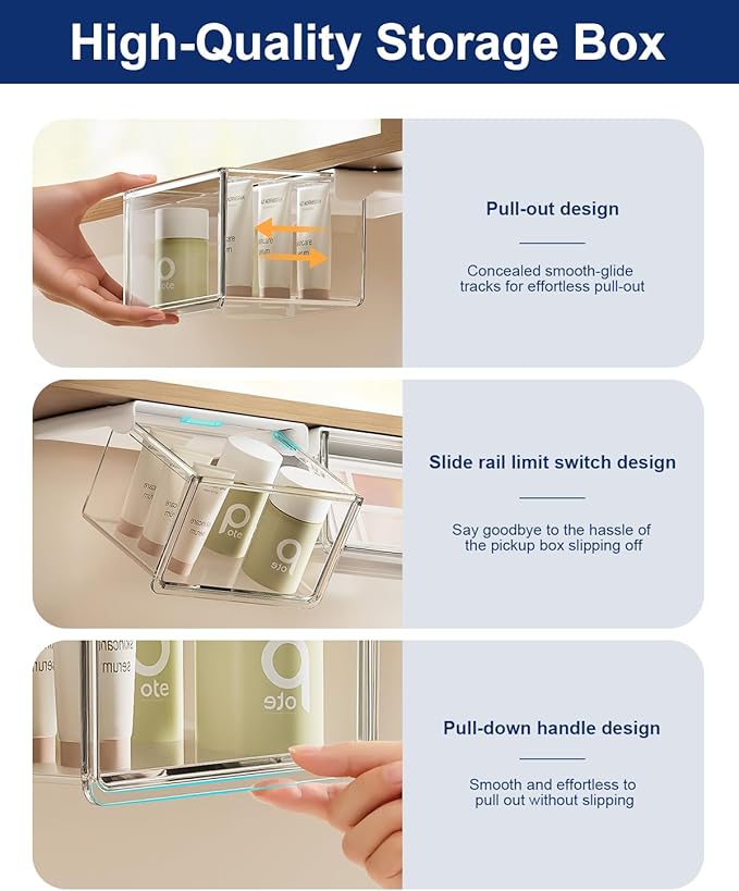 Hanging Cabinet Organizer – 33° Tilted Under Desk Drawer & Bathroom Storage – Self-Adhesive Clear Pull-Out Bins for Kitchen, Office & Vanity (Small)