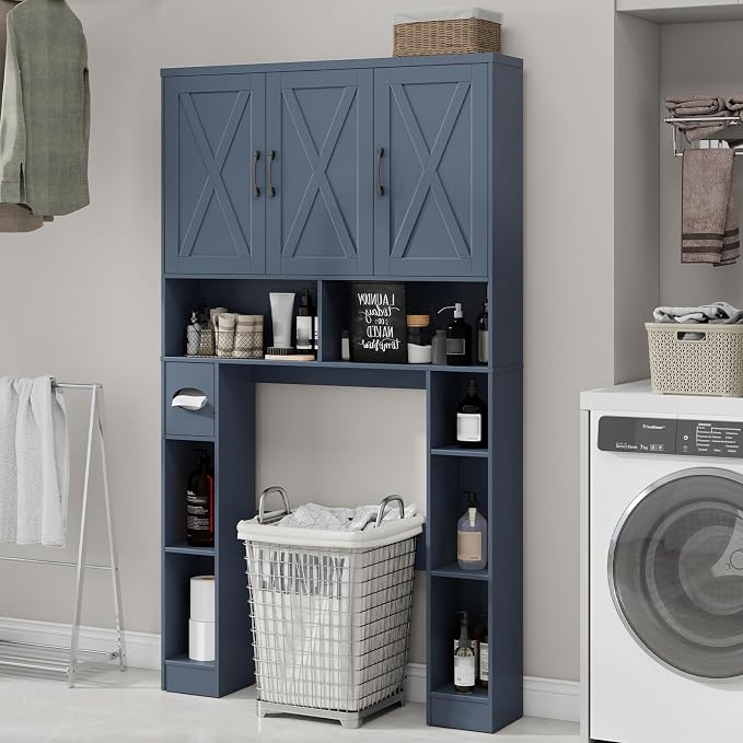 Over The Toilet Storage Cabinet, Farmhouse Toilet Cabinet Rack with 3 Barn Doors, Space Saving Bathroom Organizer with Shelves, Toilet Paper Holder and Towel Rack for Bathroom,Restroom,Laundry,Blue
