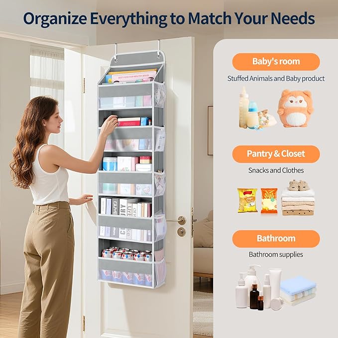 Yecaye Over The Door Organizer Storage, 5-Tier Heavy Duty Door Organizers Hanging with 10 Side Mesh Pockets, 44 lbs Load Capacity Behind Door Storage for Bathroom Nursery Bedroom Dorm Closet,Grey,1Pc
