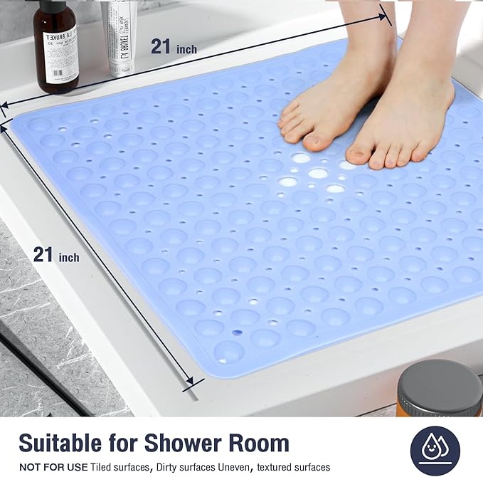 Square Shower Bathtub Mat Non Slip for Inside Shower Light Blue 21x21 Inch, Shower Stall Mats for Bathroom Floor, Soft Bath Mat for Tub with Big Suction Cups Drain Holes, Easy Washable Dry