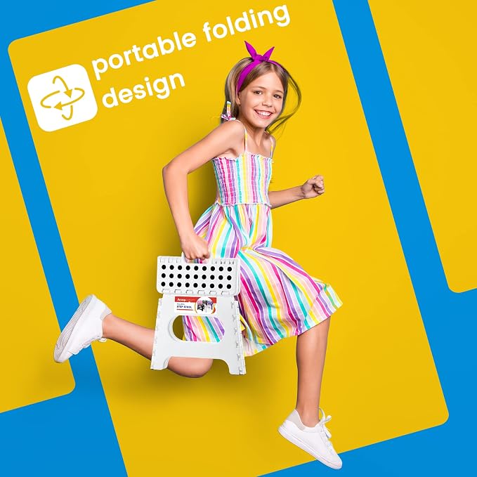 ACSTEP Folding Step Stool for Adults and Kids 11 Height Lightweight Plastic Stepping Stool Foldable Step Stool Hold up to 300lbs Non Slip Collapsible Stool White