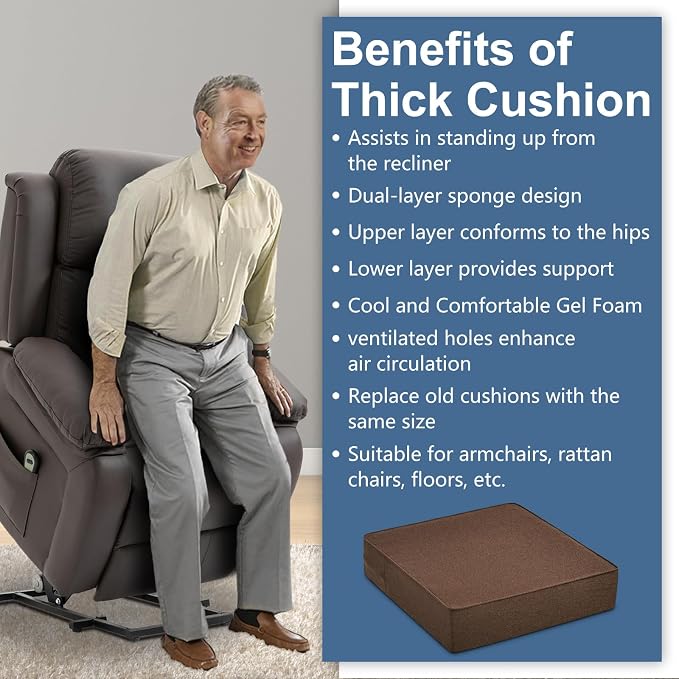 Shinnwa Gel Memory Foam Recliner Cushion for Elderly, Extra Large Seat Cushion, Dual-Layer Foam Chair Pad for Couch, Armchair, Wicker Chairs, Floor, 18 × 18 × 4in, Caramel