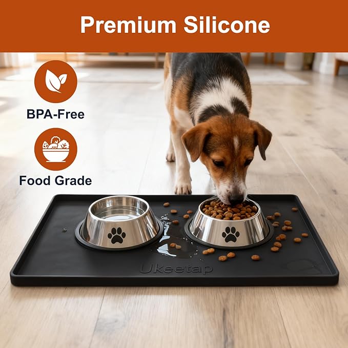 ukeetap Extra Thick Silicone Mat Waterproof with Raised Edge 19” x 12”, BPA Free Non-Slip Dog & Cat Food Mat, Feeding Mat for Food and Water Bowls, Spill Proof Mat to Protect Floors, Black