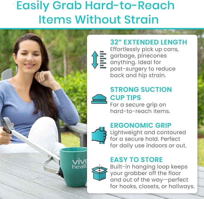 Vive Suction Cup Grabber Reacher 32" (2 Pack) - Elderly Grab It Reaching Pickup Tool Heavy Duty for Seniors - Trash, Sticks, Litter Picker Upper - Extra Long Reach Handle & Handy Extension Arm Claw