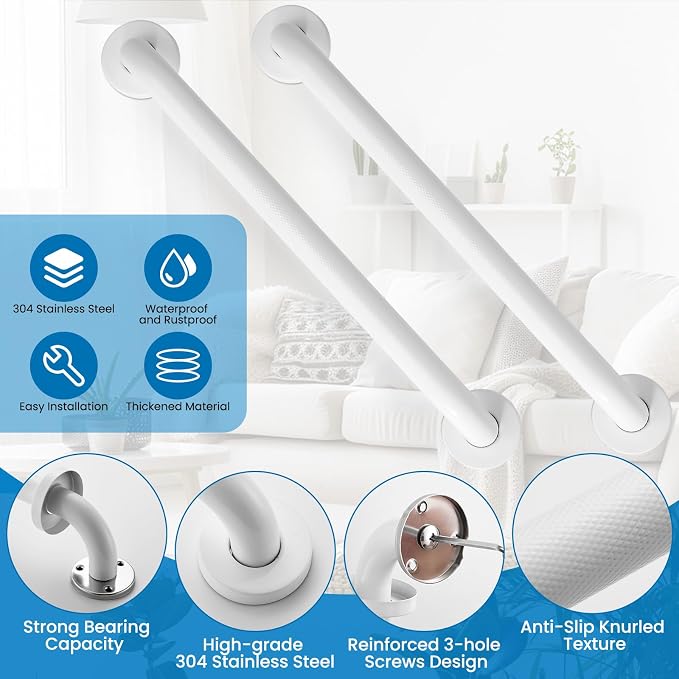 Grab Bars for Shower, Zynuhmo 2 Pack 16 Inch Anti Slip Stainless Steel Bathroom Safety Shower Grab Bar Handrails for Handicap Injury Pregnant Senior Assist Shower Handles(Matte White, 1" Diameter)
