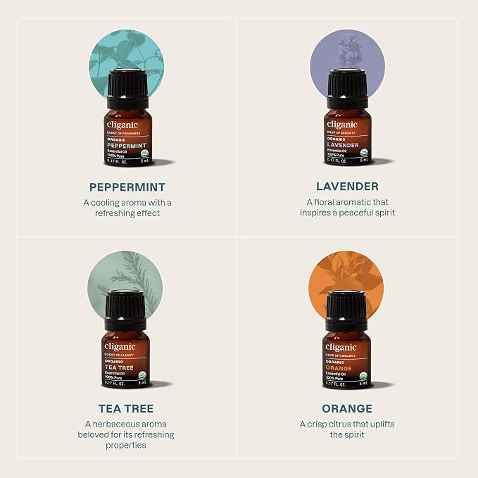 Cliganic Signature Essential Oils Diffuser Set – Aromatherapy Humidifier with LED for Home, Office & Bedroom Includes Peppermint, Lavender, Tea Tree & Orange Essential Oils Christmas Gift Kit