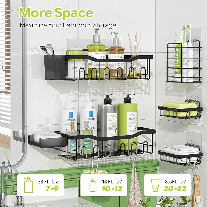 Simple Trending Adhesive Shower Caddy, 5-Pack Large Capacity Shower Shelves with Soap Dish Toothbrush Holder & Hooks, No Drilling Bathroom Organizer and Storage for Home Decor, Black
