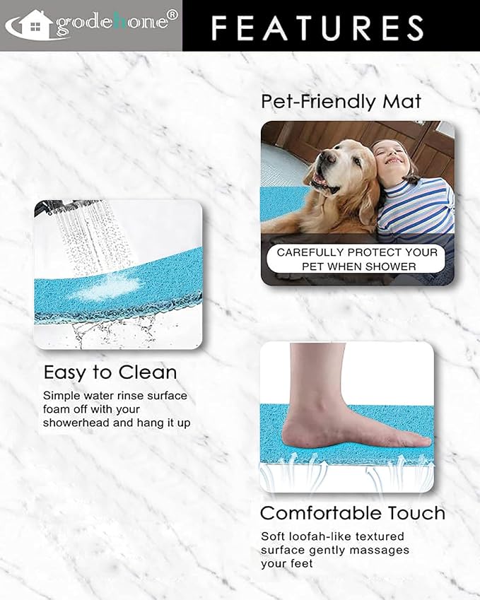 godehone Shower Mats Non Slip Without Suction Cups, PVC Loofah Bathroom Mats, Loofah Mats for Shower and Bathroom, Quick Drying, 15.7× 36 Inch, Turquoise Blue