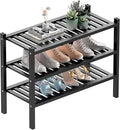 ROMGUAR CRAFT 3 Tier (Thick) Bamboo Shoe Rack for Entryway, Small Wood Shoe Shelf Storage Organizer for Closet, Shoe Stand for Hallway, Stackable and Sturdy 27"x12"x21" Black