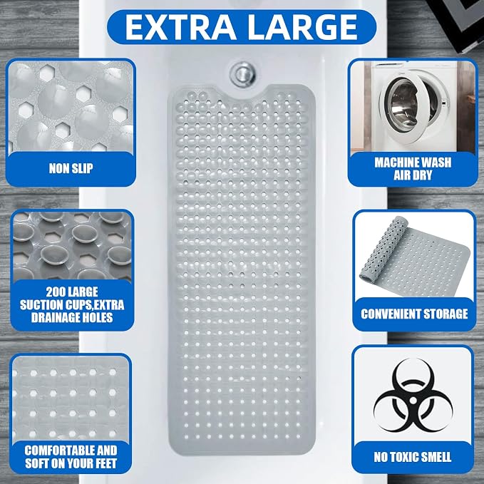MOONFLY Shower and Bathtub Mat,40x16 Inches,Extra Long Non Slip Mats with Suction Cups and Drain Holes, Machine Washable and Anti Slip Bathmats, Bathroom Mats for Tub Nonslip (Grey)
