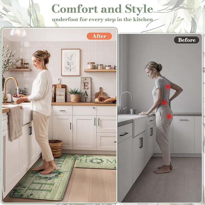 KIMODE Anti Fatigue Kitchen Mats for Floor 2 Piece,Farmhouse Spring Rugs Non Slip,Cushioned Memory Foam Carpet for Sink Laundry Office Bathroom,Green 17"x47"+17"x29"