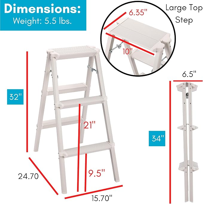 BIRDROCK HOME 3 Step Compact Steel Step Ladder - Sturdy Thin Folding Stool - Anti-Slip Steps - Great for Your Kitchen, Pantry, Closets, or Home Office - Indoor Stool - Silver