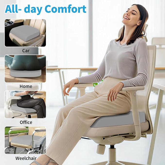 TranquilRelax Large Seat Cushion, Memory Foam Cushion for Long Sitting Hours on Office Chair, Home & Car, Non-Slip Chair Pad for Relieving Back & Sciatica & Hip & Coccyx Pain (Light Grey)