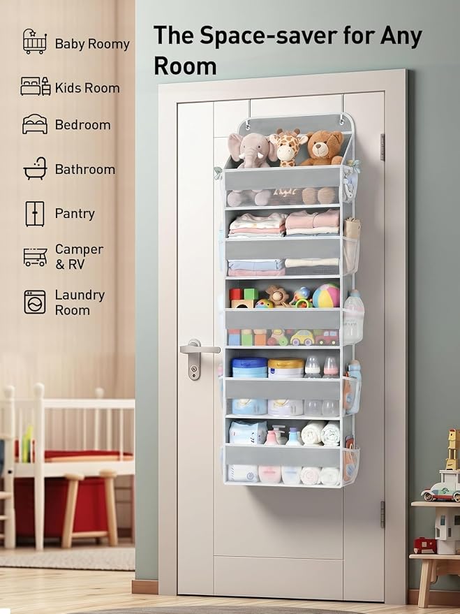 Yecaye Over the Door Organizer, Stuffed Animal Storage, Bathroom Organizers and Storage for Nursery Newborn Baby Essentials Stuff Dorm Room, Widen by 7cm, Deepen by 3cm, Grey 5 Tier Extra-Large